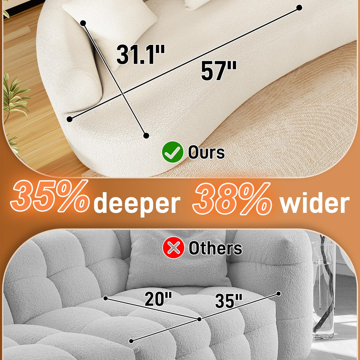 ONEMMLION Curved Sofa Sectional Couch for Living Room, 114" Modern Oversized Boneless Cloud Couch, Comfy Luxury Plush Chenille 4 Seater Memory Foam Sofa Deep Seat Couches, Cream White ONEMMLION