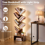 Hoctieon 6 Tier Tree Bookshelf, Tall Bookcase, Freestanding Book Shelf with LED Lights, Display Floor Standing Storage Shelf, Book Organizer Shelves for Home Office, Living Room, Rustic Brown Hoctieon