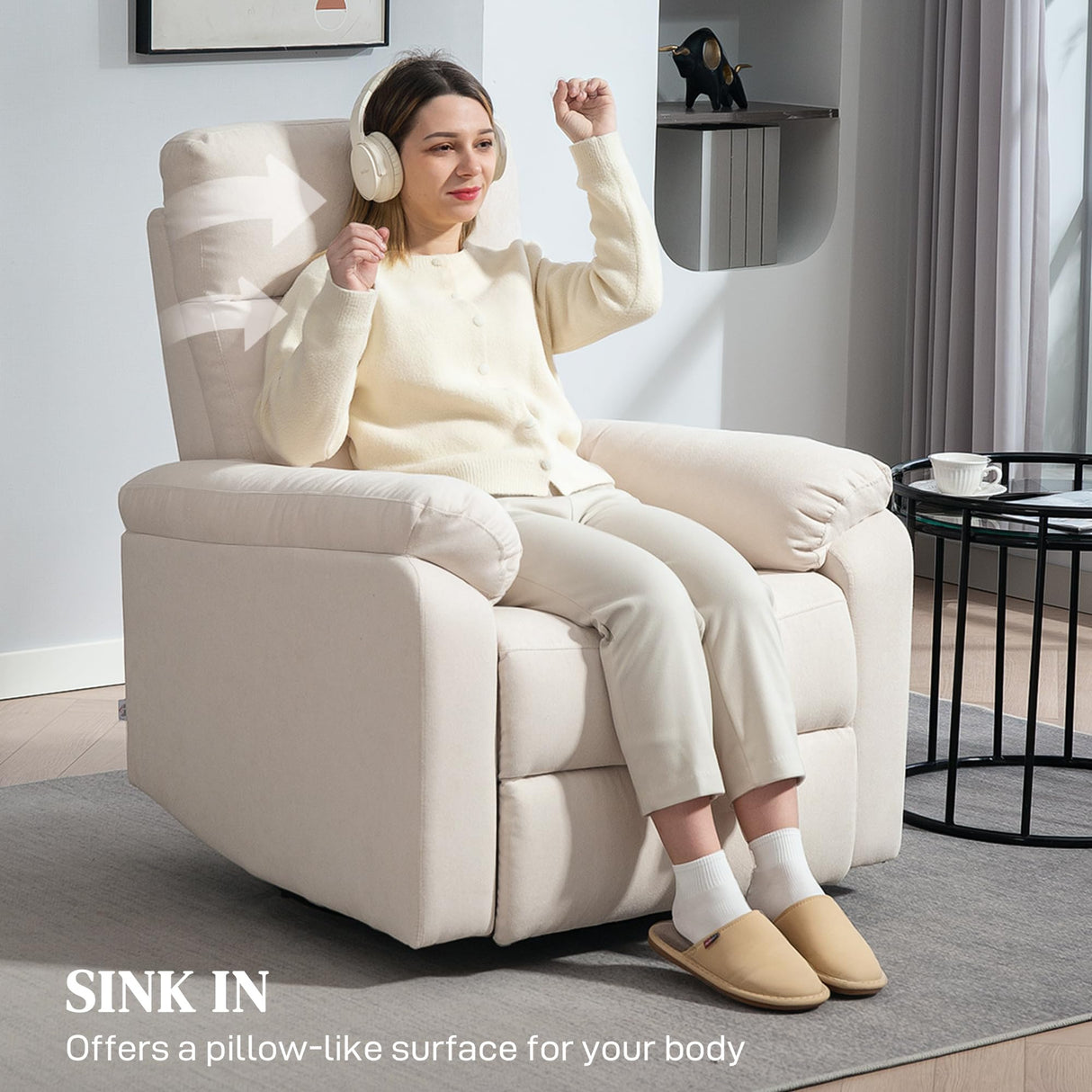 HOMCOM Swivel Rocker Recliner Chair, Wide Glider Rocking Single Sofa with Pocket Spring, Footrest, Modern Fabric Overstuffed Reclining Chair for Living Room, Bedroom, Quick Assembly, Cream White HOMCOM