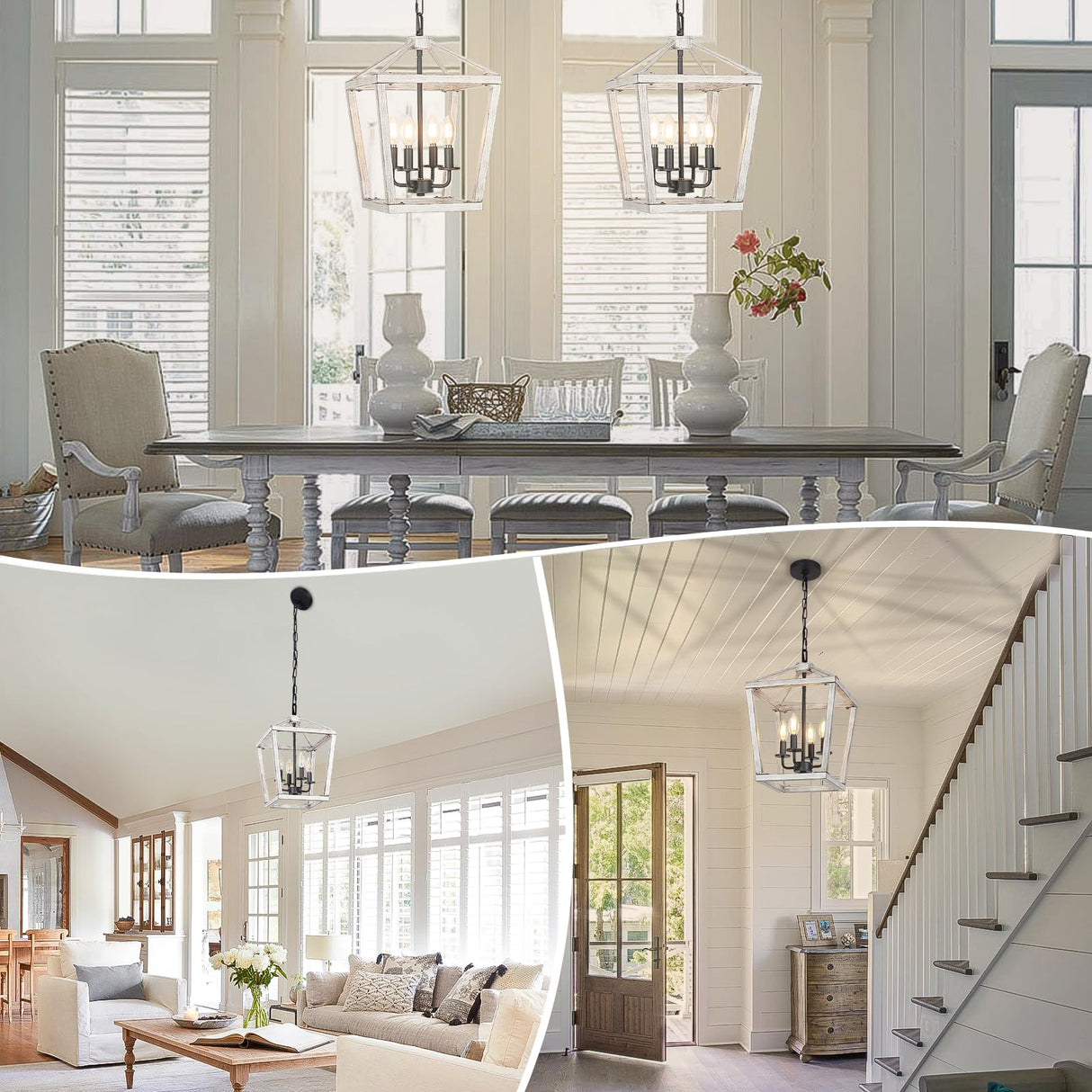 4 Light Rustic Chandelier, Farmhouse Lantern Fixture with Brushed White Oak Cage and Adjustable Chain, E12 Base Geometric Hanging Light Fixture Ceiling lighting for Entryway Kitchen Island, Indoor Use Seaside village