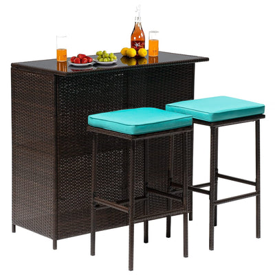 FDW 3PCS Patio Bar Set Outdoor Furniture Set Wicker Bistro Set with Two Stools for Patio Backyard Balcony,Blue Cushion