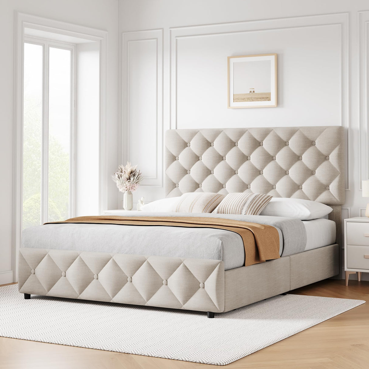 SLEKVERSA Queen Size Bed Frame with 4 Drawers and Headboard, Tufted Design, Linen Upholstered Platform Bed Frame, Wooden Slat, No Box Spring Need, Beige SLEKVERSA