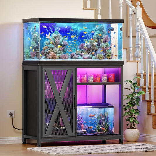 YITAHOME Fish Tank Stand with Power Outlets & LED Light, 40-50 Gallon Metal Aquarium Stand with Cabinet for Fish Tank Accessories Storage for Turtle Tank, Reptile Terrarium, 660LBS Capacity, Black