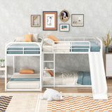 Quad Bunk Bed with Slide, L Shaped Bunk Bed for 4, Heavy-Duty Metal Floor Bunk Bed Frame Full and Twin Size for Kids Teens Girls Boys (White) Bellemave