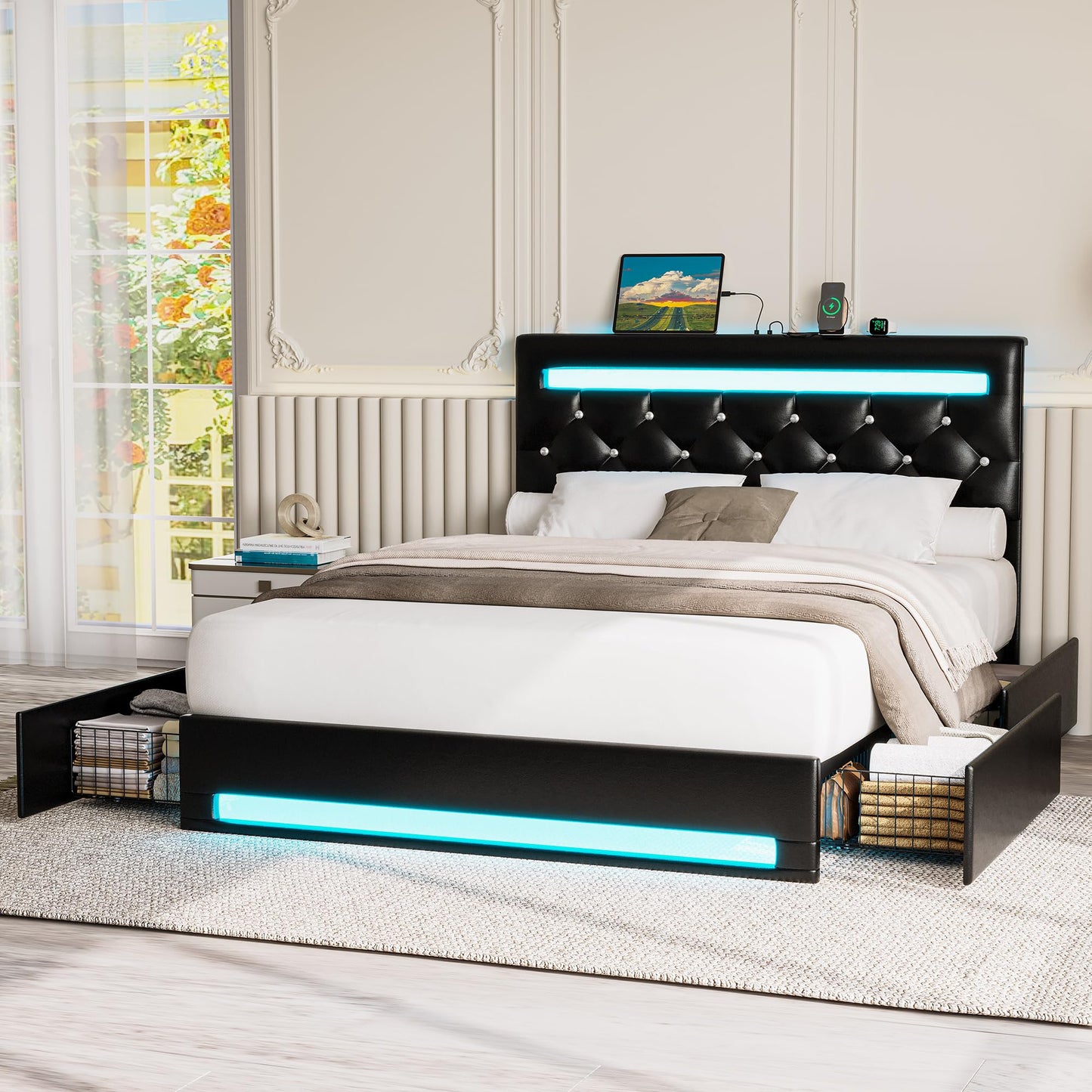 LIKIMIO Black PU Leather Full Size Bed Frame with LED Lights and 4 Storage Drawers - WoodArtSupply