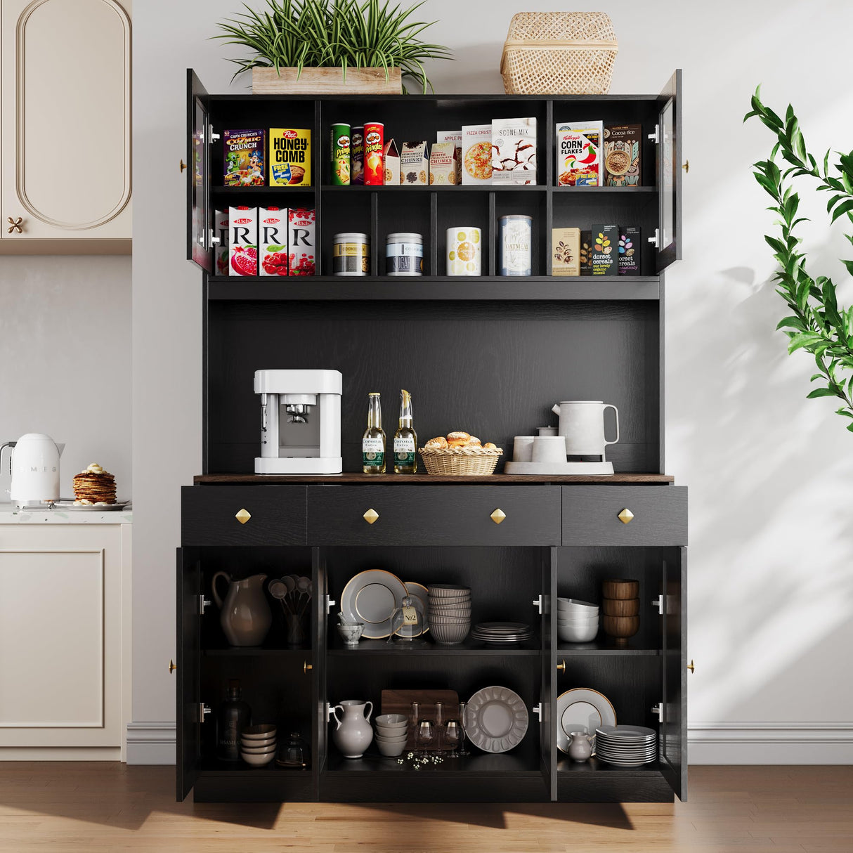 71" Tall 4-Door Kitchen Pantry Cabinet with Built-in Power Outlet- Freestanding Storage Hutch, Large Microwave Cabinet, Modern Farmhouse Design (Black) Oxirth