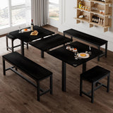 Feonase 5-Piece Dining Table Set for 4-8 People, 63" Large Extendable Kitchen Table Set with 2 Benches and 2 Square Stools, Dining Room Table with MDF Wood Board, Easy Assembly, Black Feonase