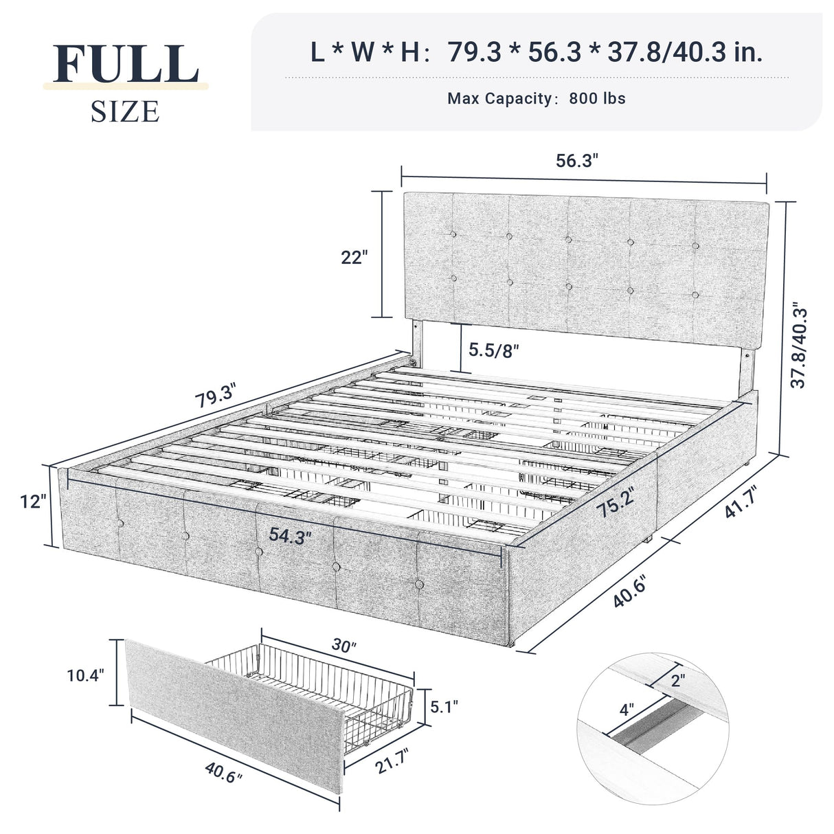 Allewie Light Grey Upholstered Full Size Platform Bed Frame with Adjustable Headboard & 4 Storage Drawers Allewie