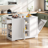 YITAHOME Kitchen Islands with Seating, 47" Mobile Storage Island with Trash Can, Rolling Kitchen Island Cart with Drop Leaf & Stainless Steel Countertop, Bar Table with 2 Stools, Spice Rack, White YITAHOME