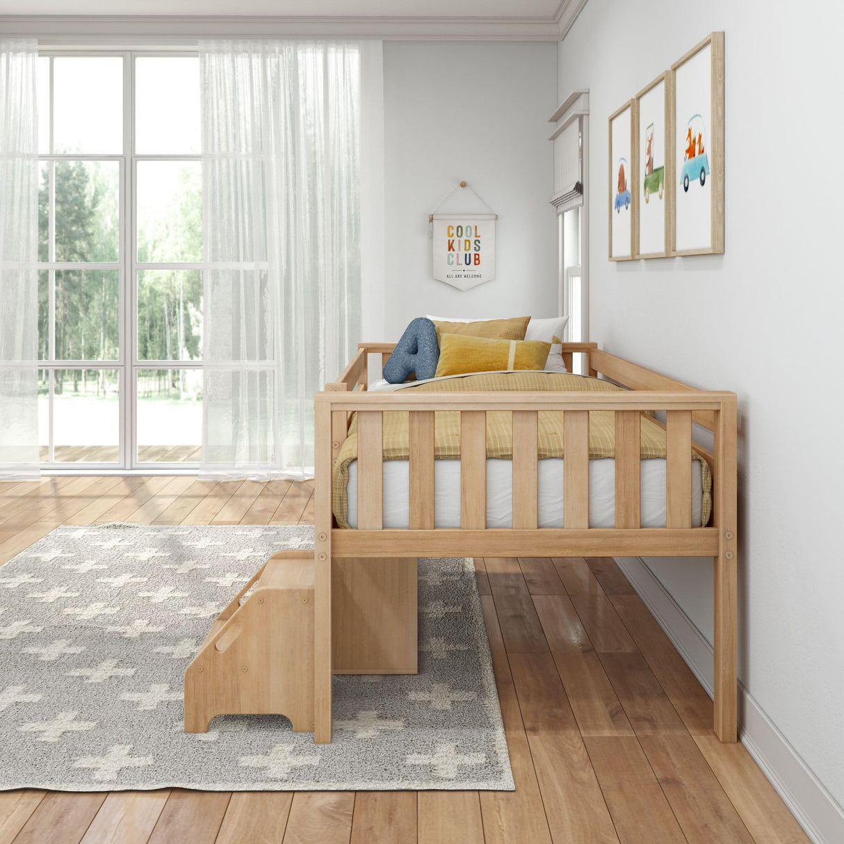 Max & Lily Soren Ultra Low Loft Bed, Twin Bed Frame for Kids with Bookcase, Blonde Max & Lily