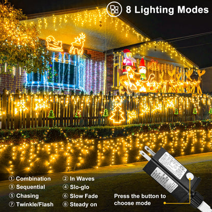 Warm White Christmas Lights Outdoor, 66ft 640 LED Icicle Lights for Outside House with Connectable Clear Wire 8 Modes Timer, Plug in Waterproof for Home Holiday Eaves Yard Party Room Indoor Decoration