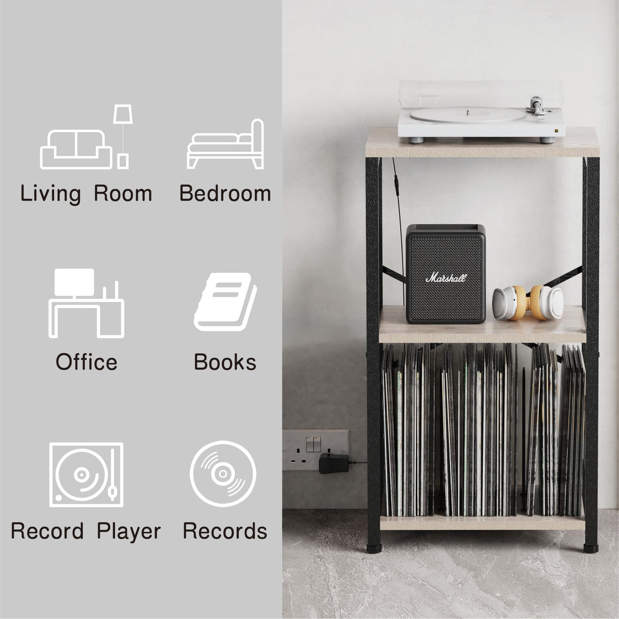 YAKANJ End Table with LED Light,Record Player Stand with Albums Storage,Vinyl Records Storage,Turntable Stand Side Table for Music Room Studio Living Room Bedroom-Greige YAKANJ