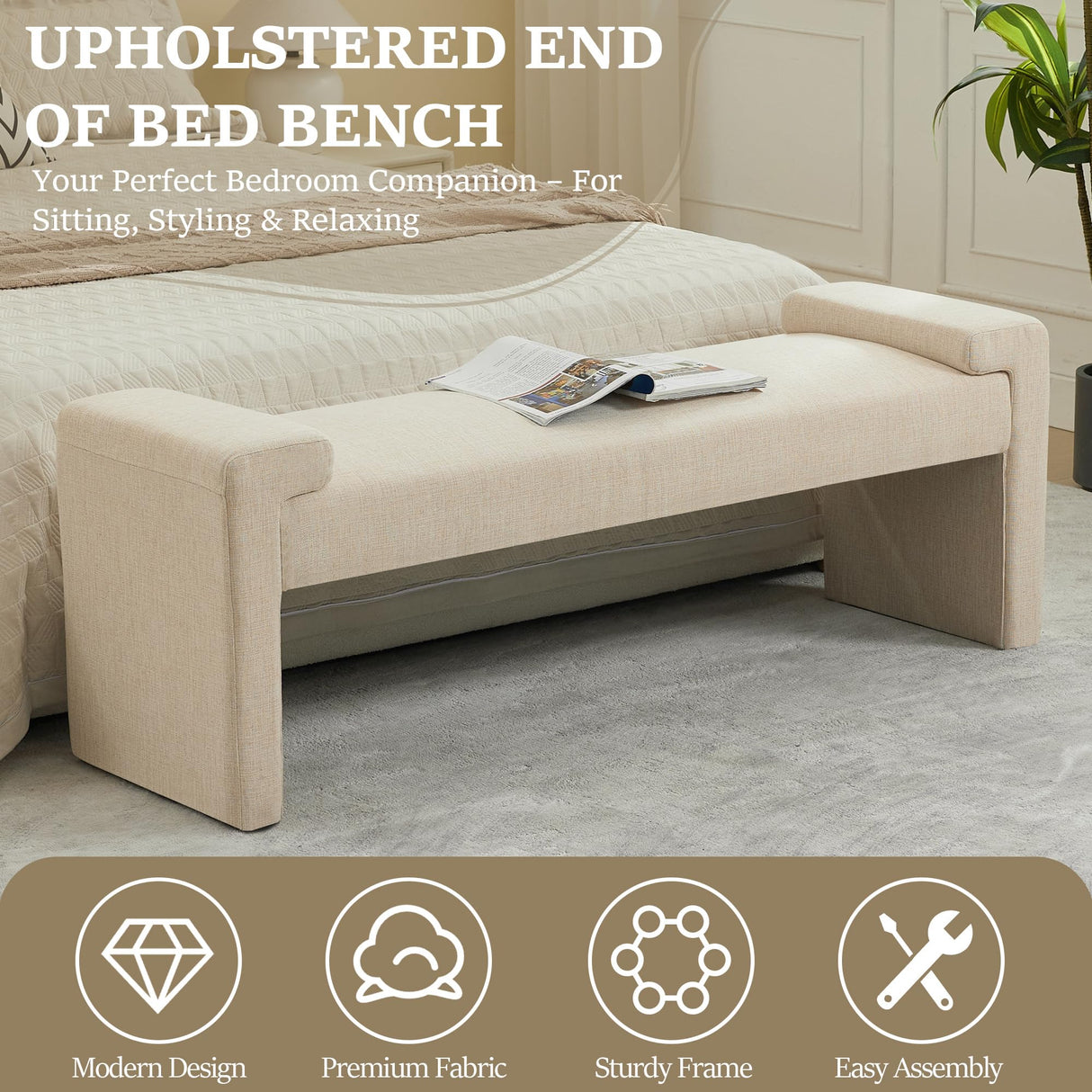 WUTUTUEE 58.7" Linen End of Bed Bench Upholstered Modern Bedroom Bench for Living Room & Entryway, Easy Assembly, Footrest Ottoman Accent Window Bench with Solid Wood Frame & Curved Arm, Tan WUTUTUEE