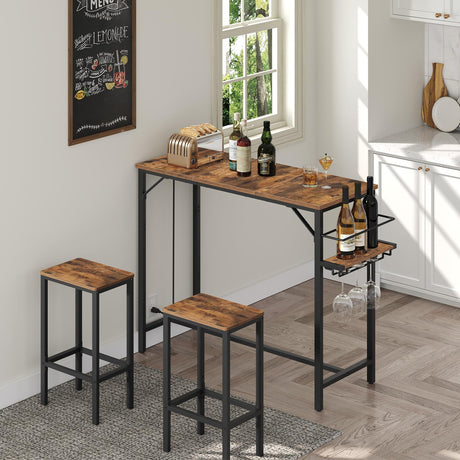 MAHANCRIS Bar Table, 35.4-Inch Counter Height Pub Table with Charging Station, Rectangular Dining Table with Wine Rack and Glass Holder, High Top Cocktail Tables, for Kitchen, Rustic Brown BTHR90E01 MAHANCRIS