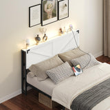 MAHANCRIS Queen Size Headboard Only, Headboard with 2 Outlets and 4 USB Ports, Farmhouse Headboard, with LED Lights, Secure Storage with Raised Fence, with Bed Frame Adapter, White and Black MAHANCRIS