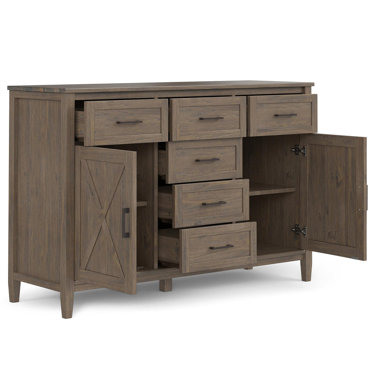 SIMPLIHOME Ela Buffet - 54 inch Wide Solid Wood 3-Door Sideboard Buffet in Smoky Brown, Transitional Storage Cabinet for Dining Room or Kitchen with Adjustable Shelves and Brushed Metal Hardware SIMPLIHOME