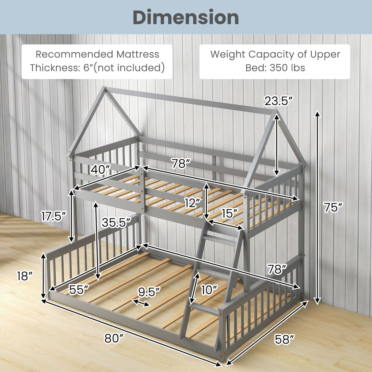 KOMFOTT Grey Twin Over Full House Bunk Bed with Integrated Ladder and Safety Guardrails KOMFOTT