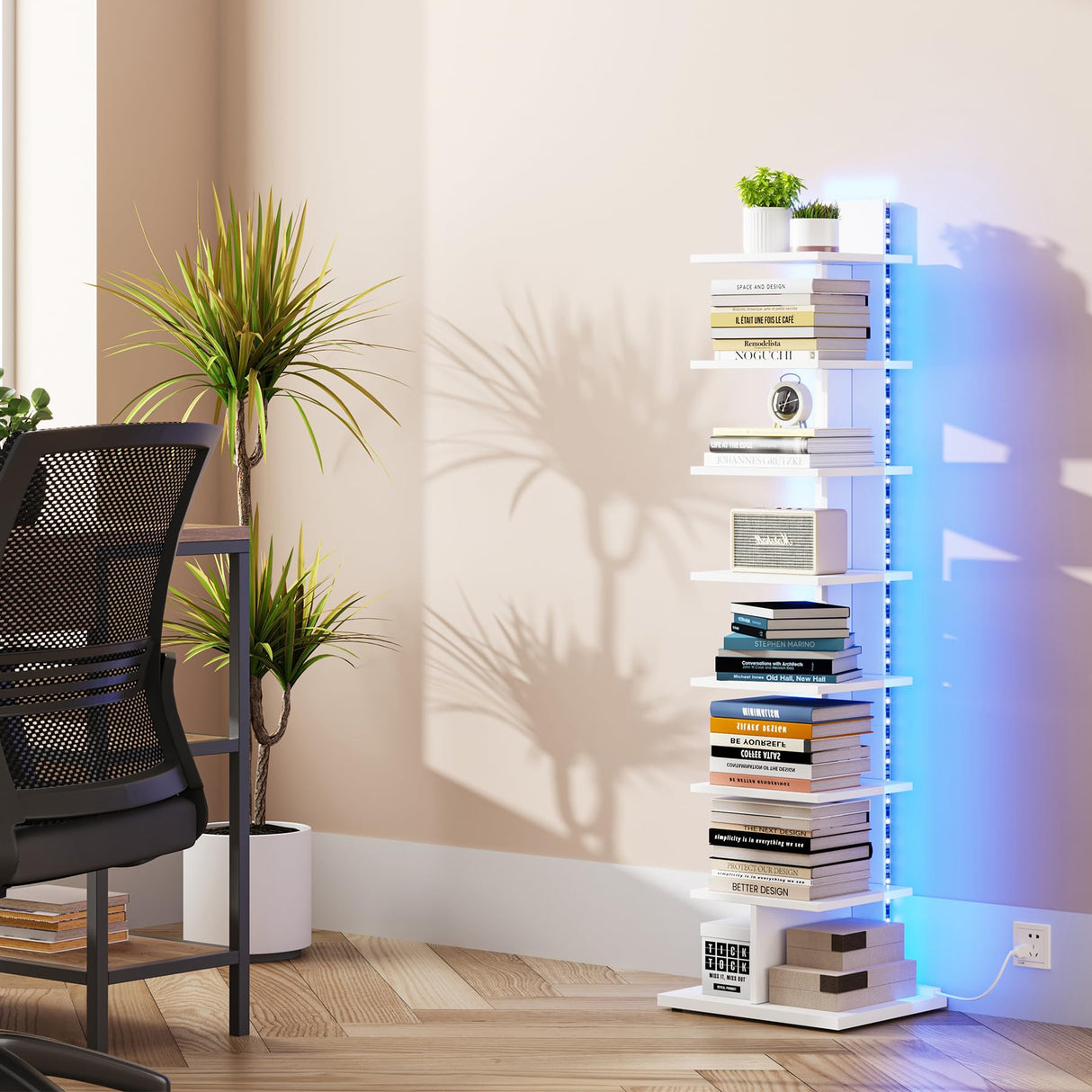 TUTOTAK Narrow Bookshelf, 8-Tier Bookcase with LED Lights, Spine Book Shelf for Small Space, Corner Standing Shelf for Living Room, Office, Study, Entryway, White BS06BW008L TUTOTAK