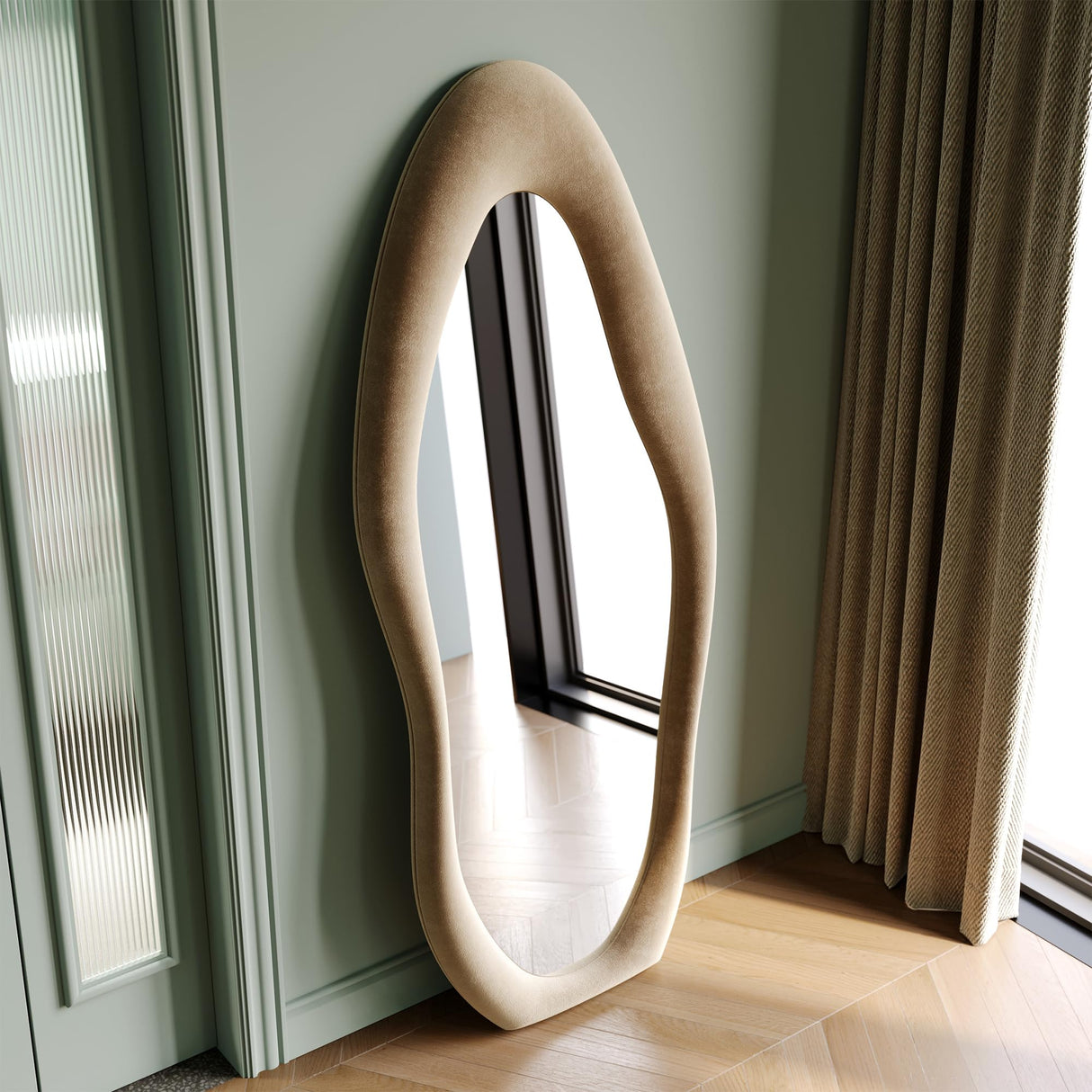 Honyee Full Length Mirror, 63" x 24" Wall Mirror, Flannel Wrapped Wooden Frame Floor Mirror, Irregular Wavy Mirror Hanging or Leaning Against Wall for Cloakroom/Bedroom/Living Room, Milk Tea Honyee