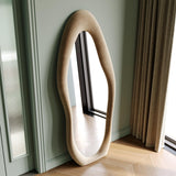 Honyee Full Length Mirror, 63" x 24" Wall Mirror, Flannel Wrapped Wooden Frame Floor Mirror, Irregular Wavy Mirror Hanging or Leaning Against Wall for Cloakroom/Bedroom/Living Room, Milk Tea Honyee