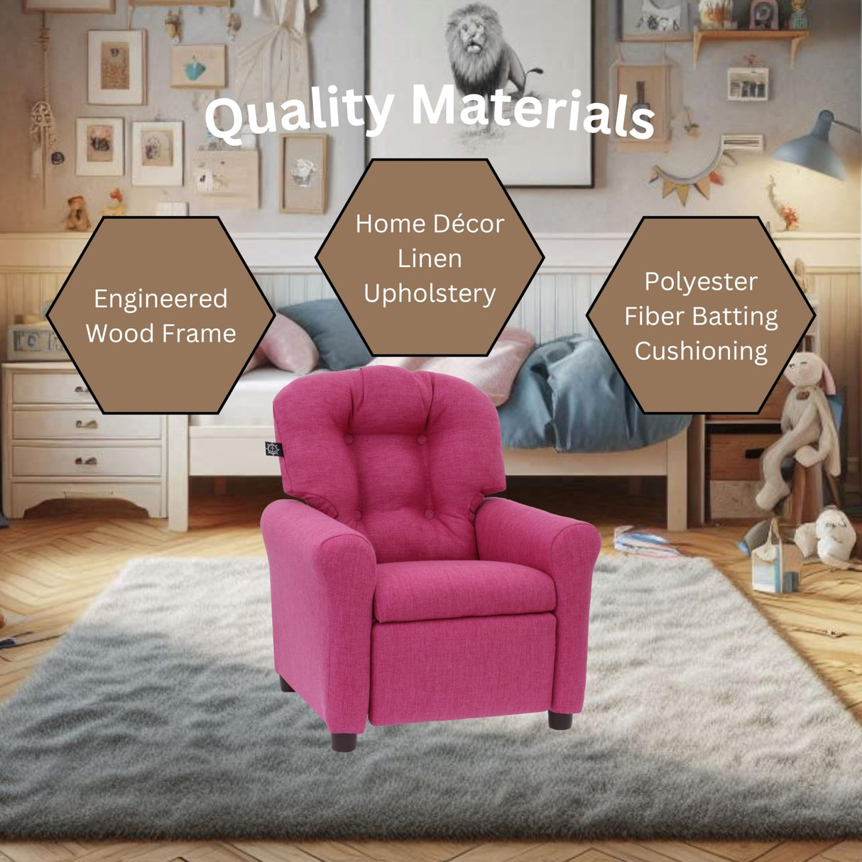 The Crew Furniture Traditional Kids Recliner, Toddler Ages 1-5 Years, Home Décor Polyester Linen, Magenta The Crew Furniture