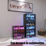 FUQIAOTEC 4 Layers LED Shoe Storage Box, Black Shoe Cabinet with Glass Doors and LED Lights, Wooden Display Shoe Box Suitable for Collection, Can be Remotely Controlled FUQIAOTEC