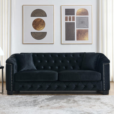 mikibama Modern Chesterfield Velvet Sofa, 77 Inch Sectional Sofa, Luxury 3 Seater Upholstered Tufted Couch with Nailhead Arms and 2 Pillows for Living Room, Bedroom, Apartment(Black)