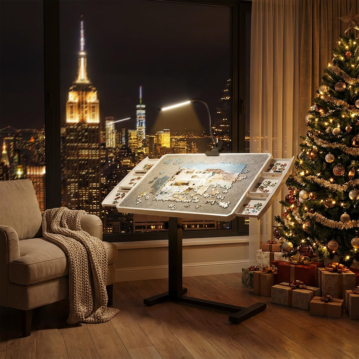 1500 Piece Jigsaw Puzzle Table with 6 Drawers and Cover 35"x26"Adjustable Puzzle Tables for Adults with Wheels 5-Tilting-Angle Portable Plastic Jigsaw Puzzle Board for mom OIRBOEUS