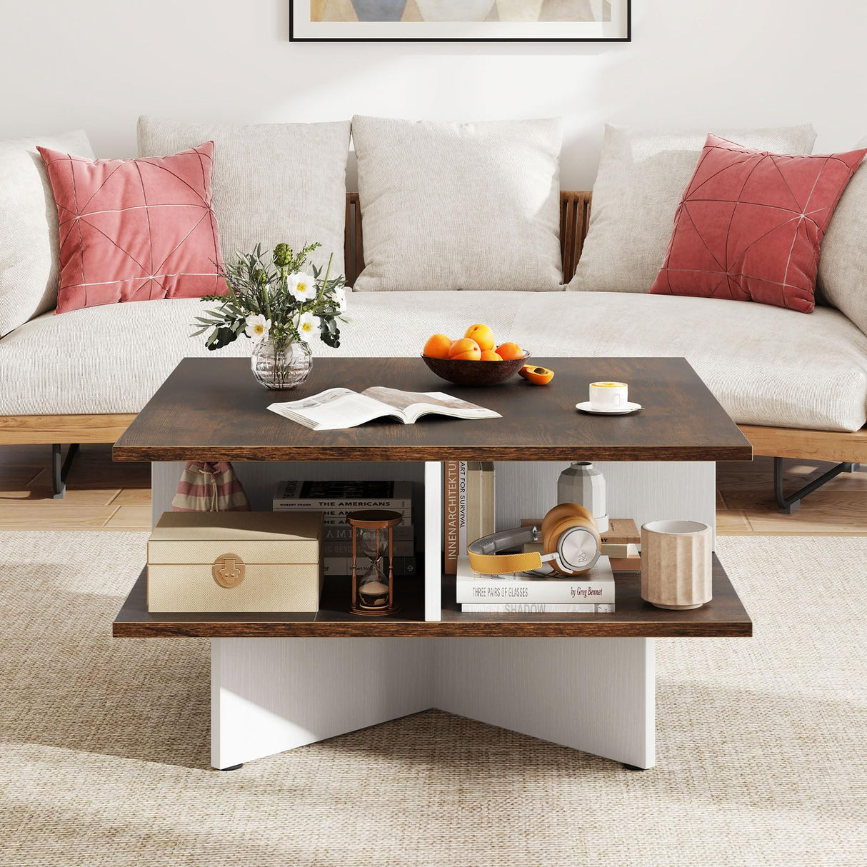 Giantex Square Coffee Table, Mid Century Modern Center Table with 4 Storage Compartments & Cross-Shape Base, 24 Inch Farmhouse Coffee Tables for Living Room (Brown) Giantex