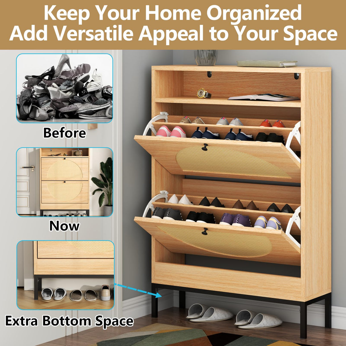 Gyfimoie Rattan Shoe Cabinet with 2 Flip Drawers, Free Standing Narrow Shoe Storage Organizer with Top Cubby, Slim Shoe Rack Cabinet for Entryway, Natural (Natural) Gyfimoie