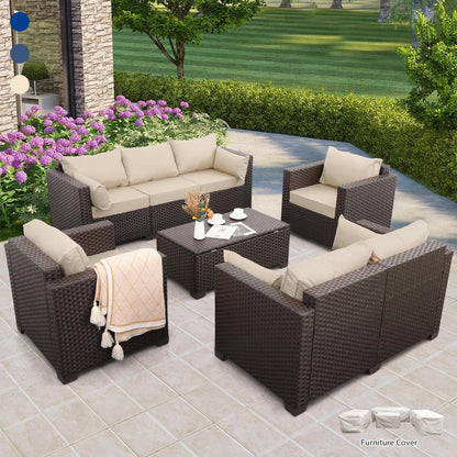 Rattaner 5-Piece Outdoor Furniture Set Patio Furniture Set Outdoor Couch Coffee Table with Storage No-Slip Cushions and Waterproof Covers, Khaki - WoodArtSupply