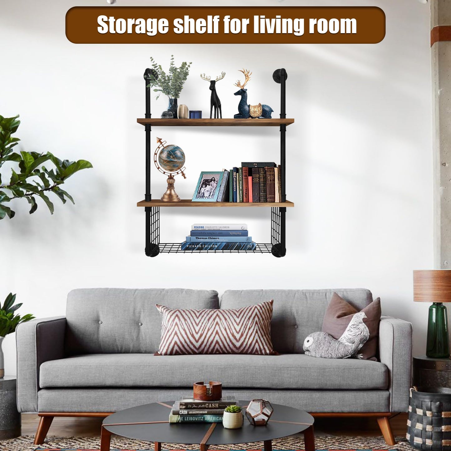 GILPWA Industrial Pipe Shelving 2 Tiers 24in Bathroom Floating Shelves Wall Mounted with Paper Storage Basket Retro Wood Floating Shelf Sundries Holder for Home Decor Livingroom Bedroom