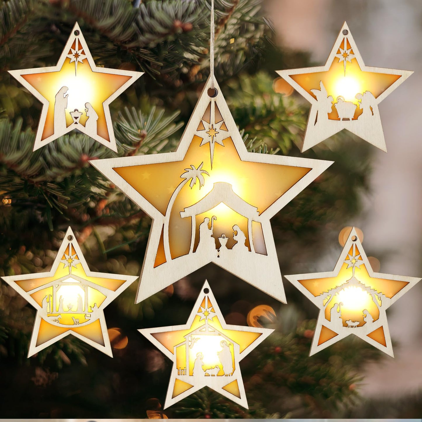 Tujoe 6 Pcs Christmas Nativity Scene Ornament LED Light up Nativity Christmas Ornament Cutout Jesus Wood Acrylic 3D Cut Nativity Wooden Set Christmas Hanging Ornament for Xmas Tree Decorations (Star)