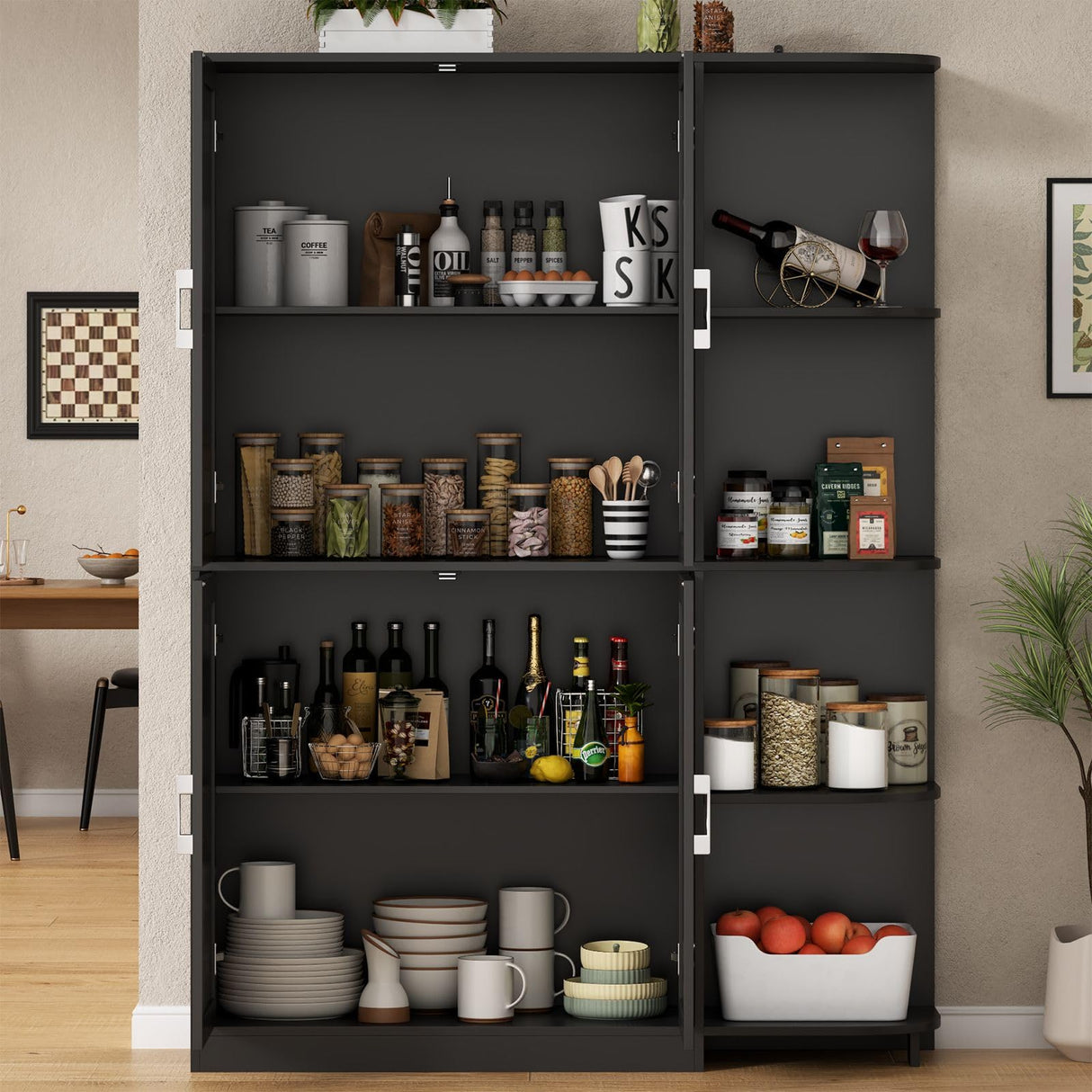 Loomie Kitchen Pantry Storage Cabinet, 64" Tall Freestanding Cupboard with Doors & Adjustable Shelves, Food Pantry Cabinet with 5-Tier External Shelf for Dining Room, Living Room (Black) Loomie