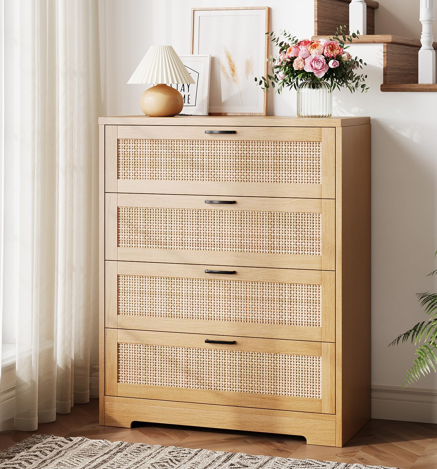 GarveeHome 4 Drawer Dresser Rattan Dresser, Tall Chest of Drawers, Wood Dresser for Bedroom, Closet, Living Room, Hallway