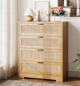 GarveeHome 4 Drawer Dresser Rattan Dresser, Tall Chest of Drawers, Wood Dresser for Bedroom, Closet, Living Room, Hallway GarveeHome