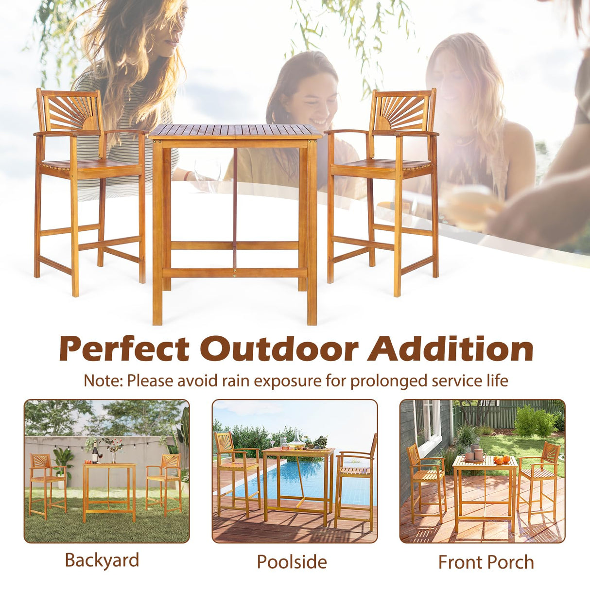 Tangkula 3 Piece Patio Bar Table & Chairs, Outdoor Acacia Wood Bar Set w/Slatted Seat & Tabletop, Wood Dining Bar Set w/Backrest, Armrests & Footrest for Backyard, Poolside, Balcony Tangkula
