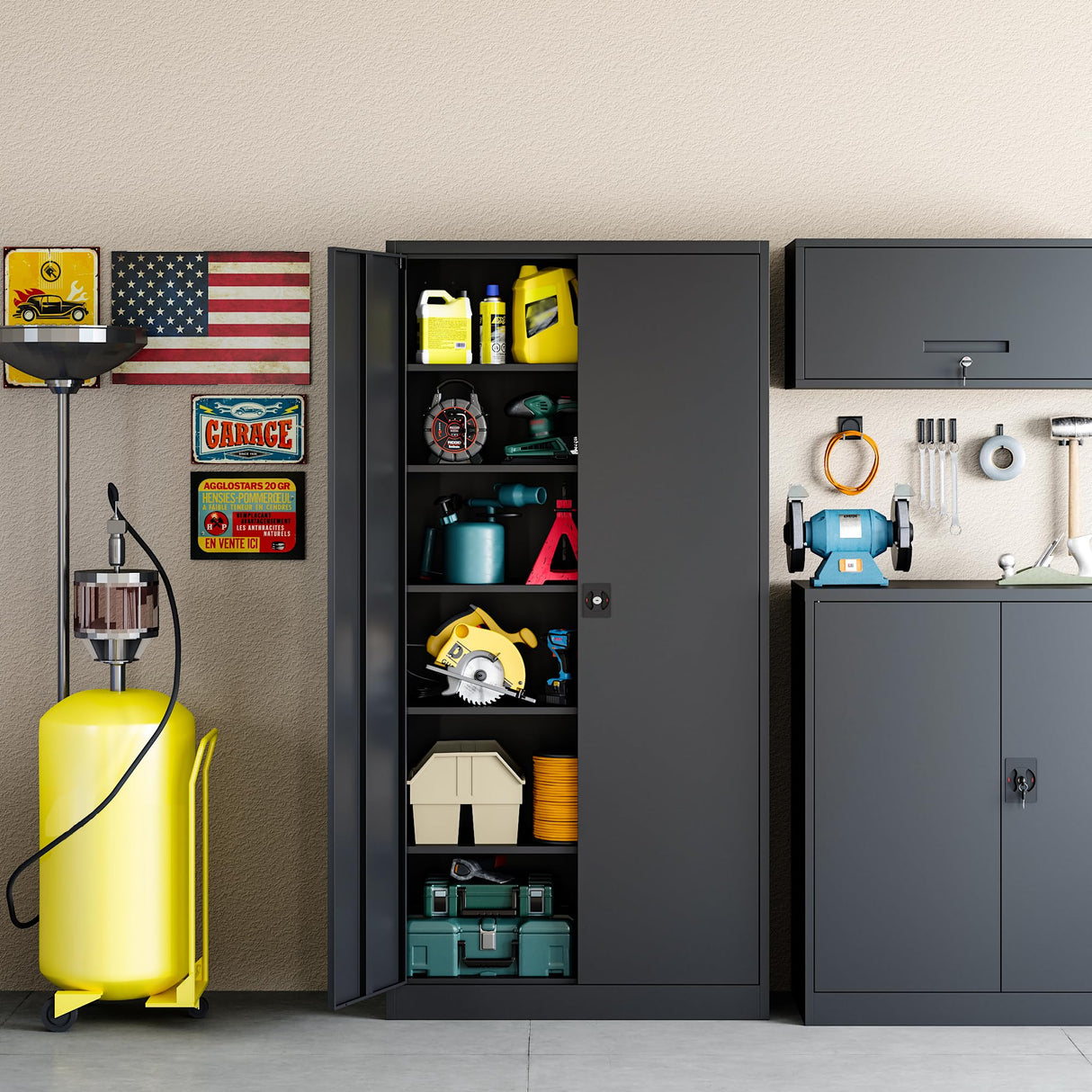 RAVIGIN Metal Garage Storage Cabinet with Lock, 71" Locking Tool Cabinet with 2 Doors and 5 Adjustable Shelves, Tall Steel Cabinet Garage for Home,Office,Warehouse，School (Black) RAVIGIN