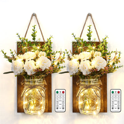 Lightess Wall Decor Mason Jar Sconces with Remote Control, Rustic Home Decor Wall LED Fairy Lights with White Rose, Farmhouse Wall Decorations Lights Set of Two for Dining Room Living Room