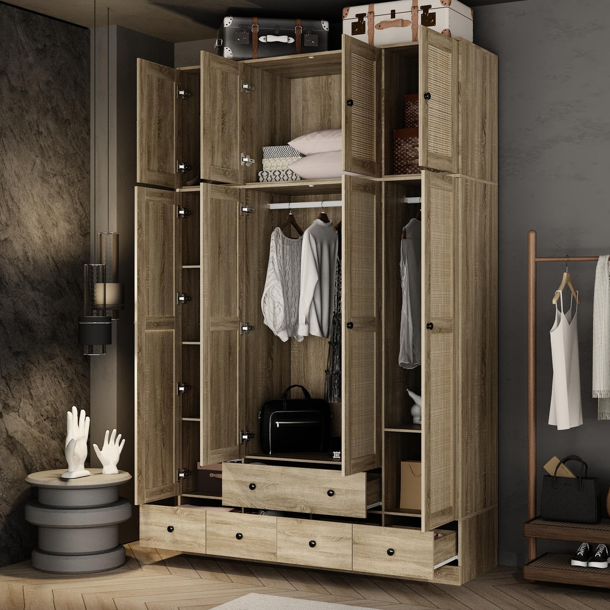 Hitow Ratten Wardrobe Cabinet Armoire Closet, 8 Door Rattan Closet Wardrobe Cabinet with 5 Drawers & Hanging Rod, Storage Wardrobe Armoire Dresser for Bedroom Organizer (18.8" D x 59" W x 70.8" H) Hitow