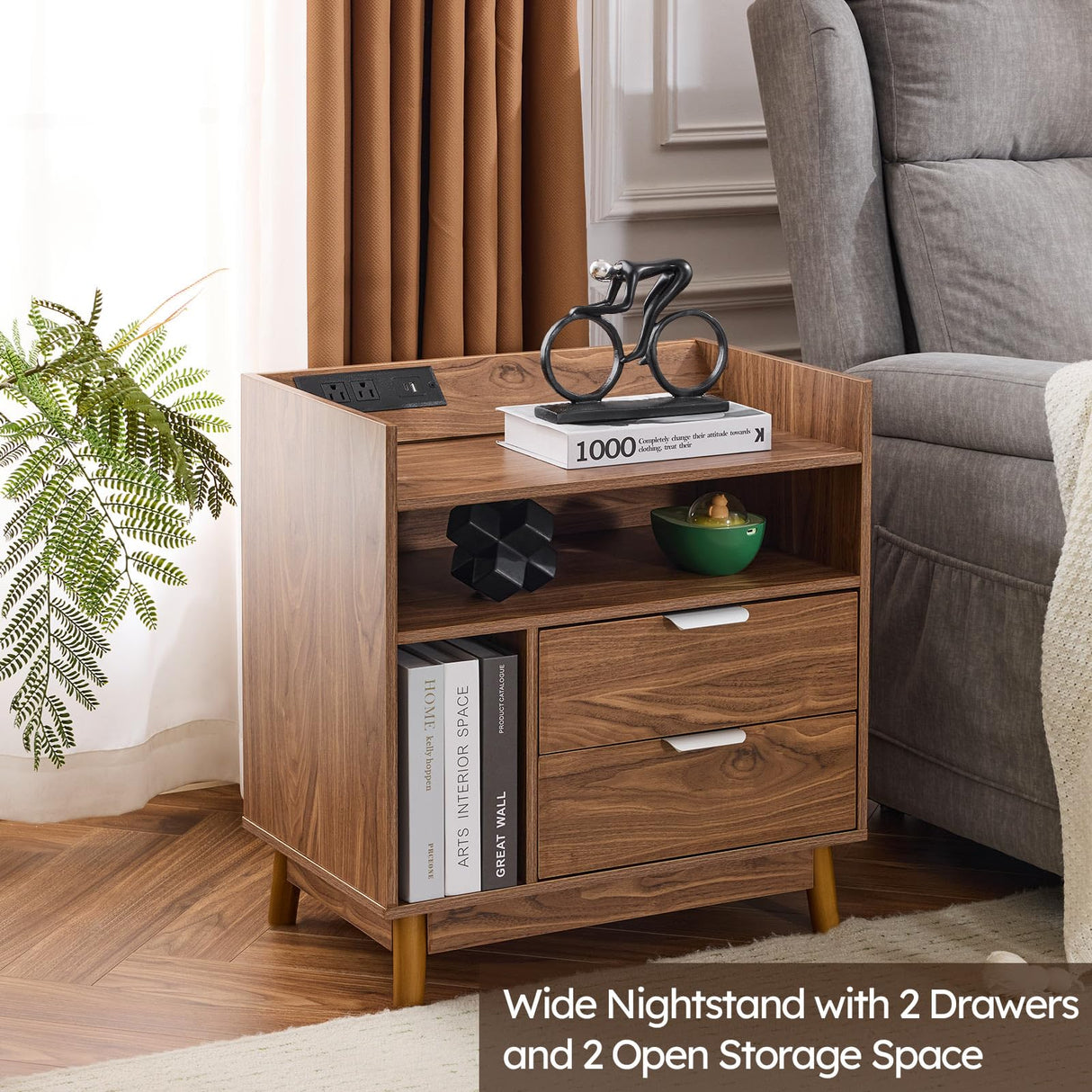 Mellolivin Nightstand with Charging Station，LED Night Stand with Drawers, Mid Century Modern Nightstand, Large Bedside Table, End Table for Bedroom Mellolivin