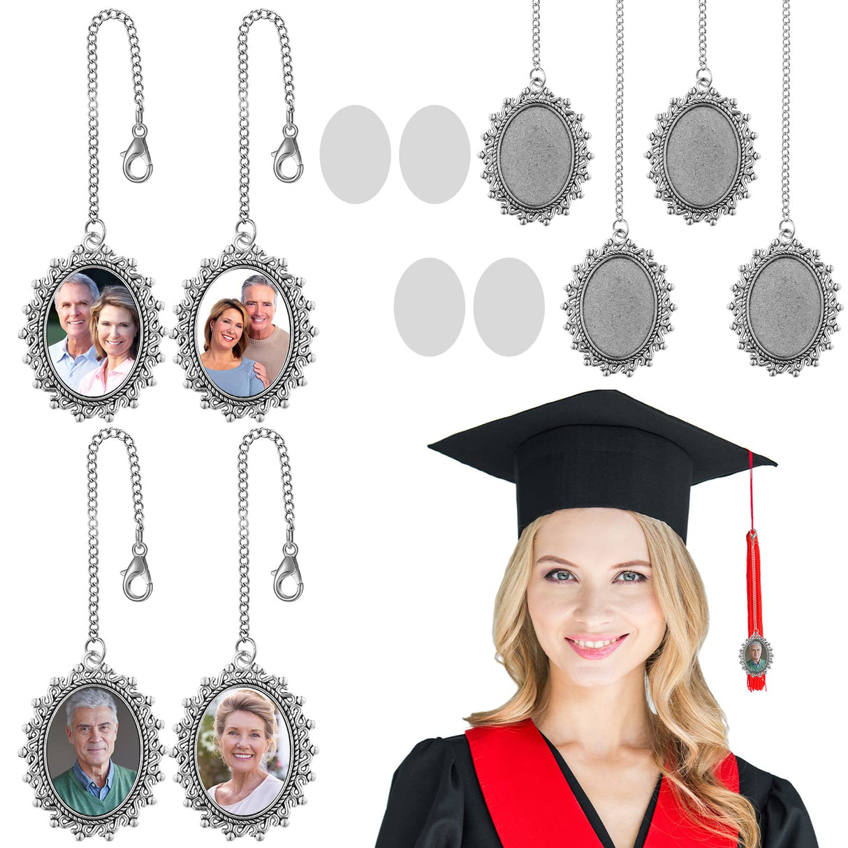Sureio Graduation Cap Photo Charm Oval Graduation Cap Decorations Sublimation Tassels Graduation Photo Charm for Cap and Gown Ceremony Picture Decorations(4 Pieces) Sureio