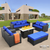 Patio Furniture Set 45-Inch Outdoor Fire Pits 7-Piece Outdoor Furniture Sets Patio Couch Outdoor Chairs 60000BTU Outdoor Propane Fire Pit Table Non-Slip Cushions and Waterproof Covers, Royal Blue Rattaner