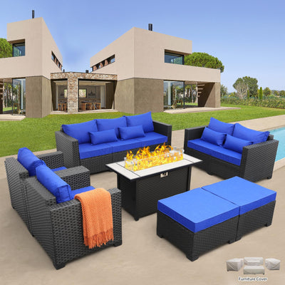 Patio Furniture Set 45-Inch Outdoor Fire Pits 7-Piece Outdoor Furniture Sets Patio Couch Outdoor Chairs 60000BTU Outdoor Propane Fire Pit Table Non-Slip Cushions and Waterproof Covers, Royal Blue