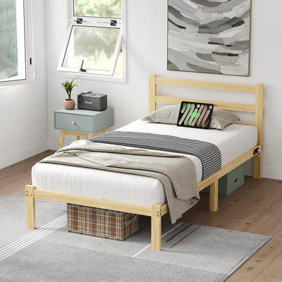PUNICE Wooden Twin Size Bed Frame with Headboard, Wood Platform Bed Frame with Charging Station, Solid Wood Slat Support, 8.6 Inch Space Underneath, No Box Spring Needed, Easy Assembly
