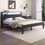 LOEWAY Queen Size Bed Frame with LED Lights and Charging Station, Industrial Platform Bed with Storage Headboard, Heavy Duty Metal Slats, No Box Spring Need, Noise Free, Grey LOEWAY