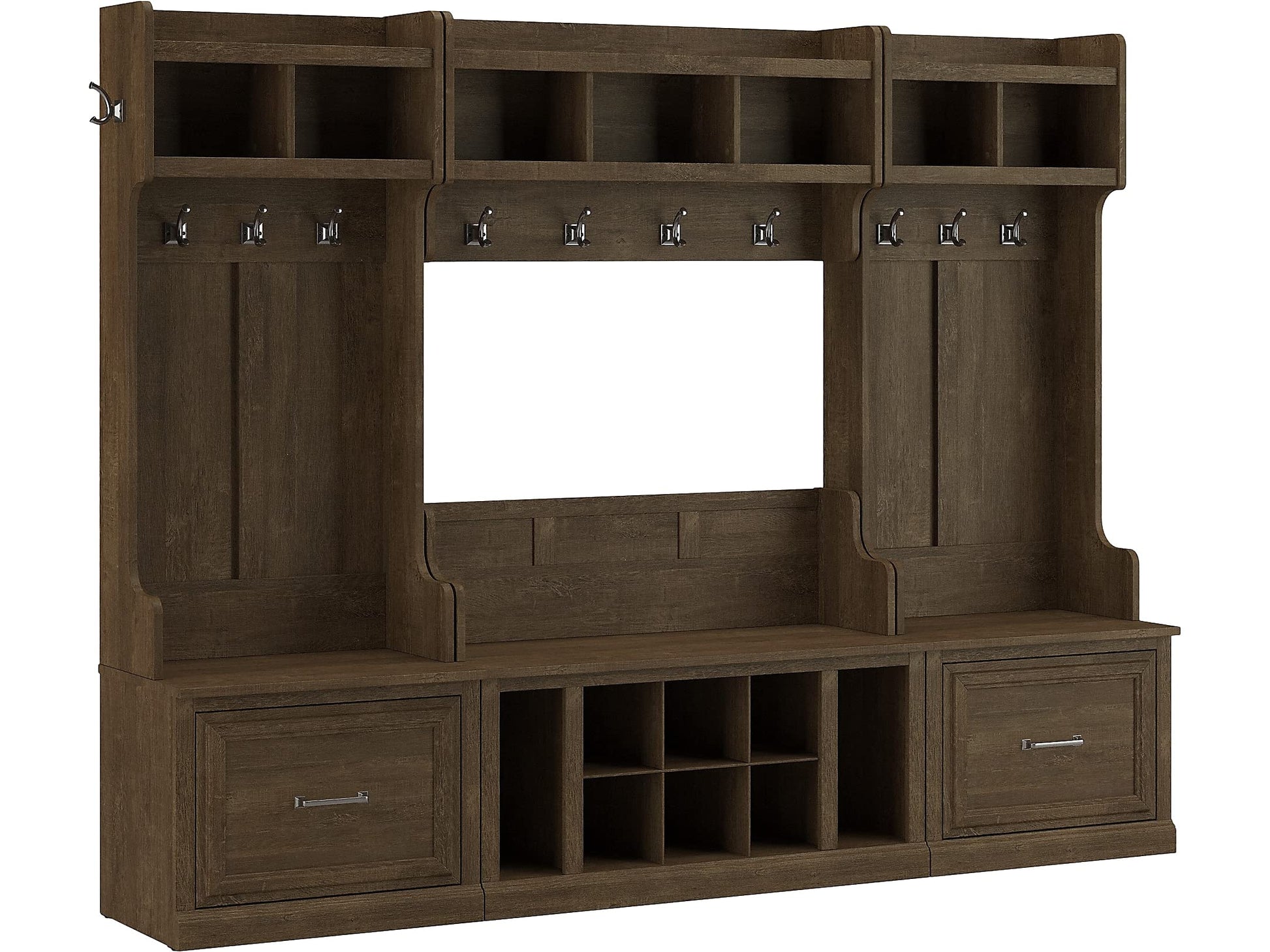 Bush Business Furniture Woodland Full Entryway Storage Set with Coat Rack and Shoe Bench with Drawers | Mudroom Organizer for Footwear, Clothing, Ash Brown - WoodArtSupply