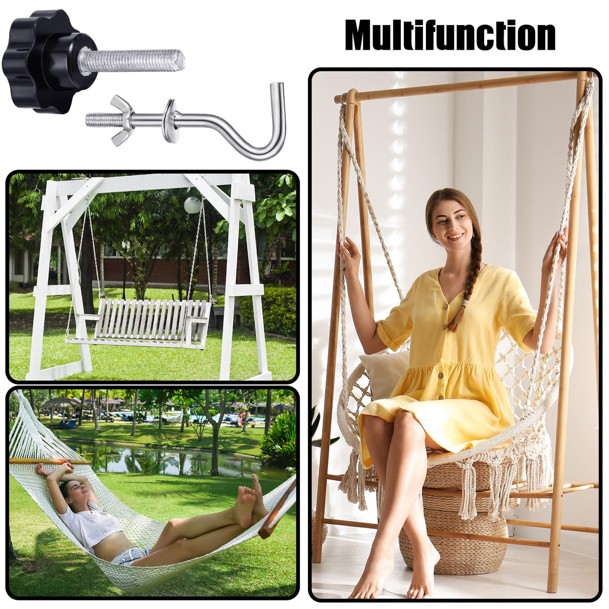 Therwen 8 Pcs Hammock Hardware Kit Heavy Duty Hammock Stand Hook Replacement Thread Hand Knob for Swing Chair Patio Umbrella Base Garden(Silver) Therwen