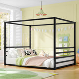 Queen Size Canopy Bed Frame with 4 Posters and Guardrails, Queen Size Montessori Floor Bed with High Fence, Anti Bump Design, Easy Assemble, Metal Montessori Bed Black Bellemave