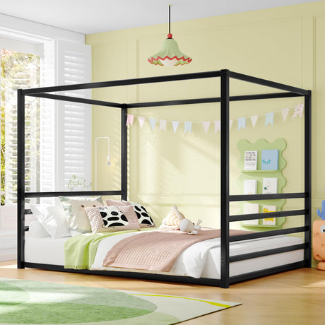 Queen Size Canopy Bed Frame with 4 Posters and Guardrails, Queen Size Montessori Floor Bed with High Fence, Anti Bump Design, Easy Assemble, Metal Montessori Bed Black Bellemave